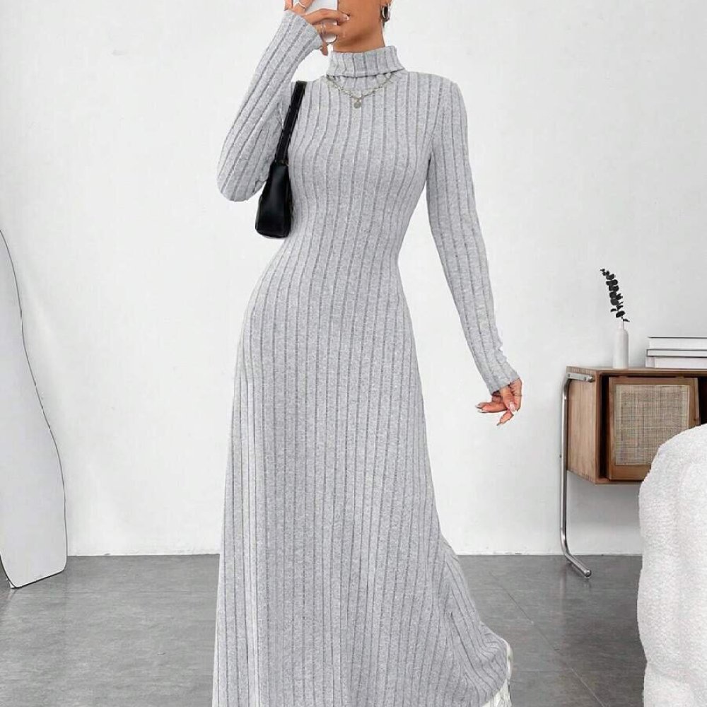 Bodycon Long Sleeve Ribbed Dress - エレガントな秋のハイネック長袖スリムドレス、女性用無地リブニット生地、快適なカジュアルボディコンドレス