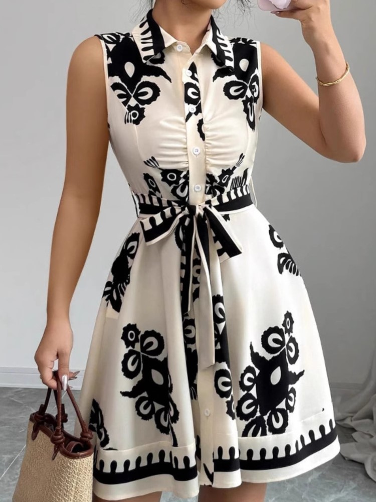 French Vintage Floral Midi Dress - 夏の新ファッションカジュアルドレス女性のためのエレガントな固体ノースリーブターンダウン襟レースアップオフィスホリデードレスローブファム