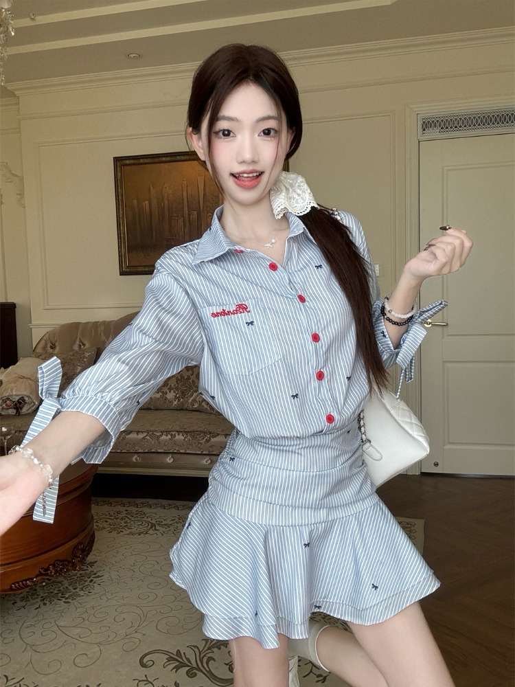 Korean Style A Line Shirt Dress - 韓国風カジュアルストライプシャツワンピース ブルーAラインロングスカート 女子学生向け 変形デザイン 快適通勤ファッション