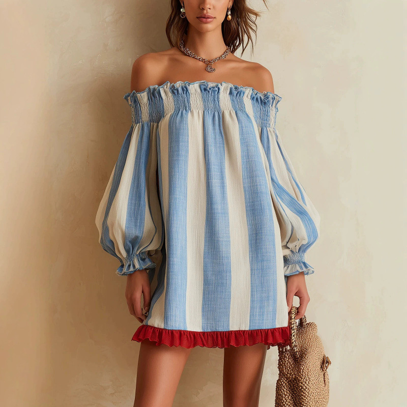 Off Shoulder Puff Sleeve Sundress - 2026年 レディース オフショルダードレス ブルーベージュストライプ パフロングスリーブ ラッフルヘム