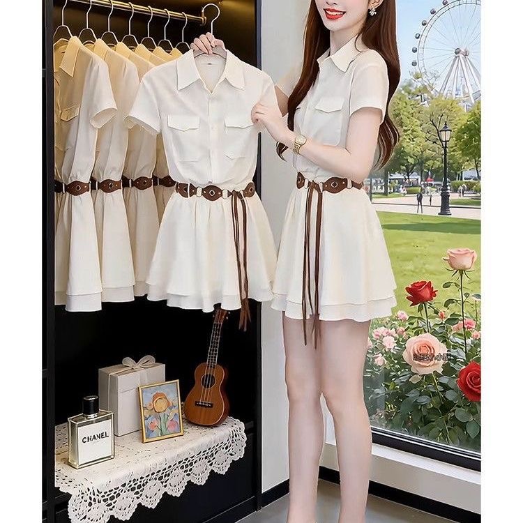 Korean Style A Line Shirt Dress - 韓国風半袖シャツワンピース レディース エレガント 若々しい 美しい Aラインスカート
