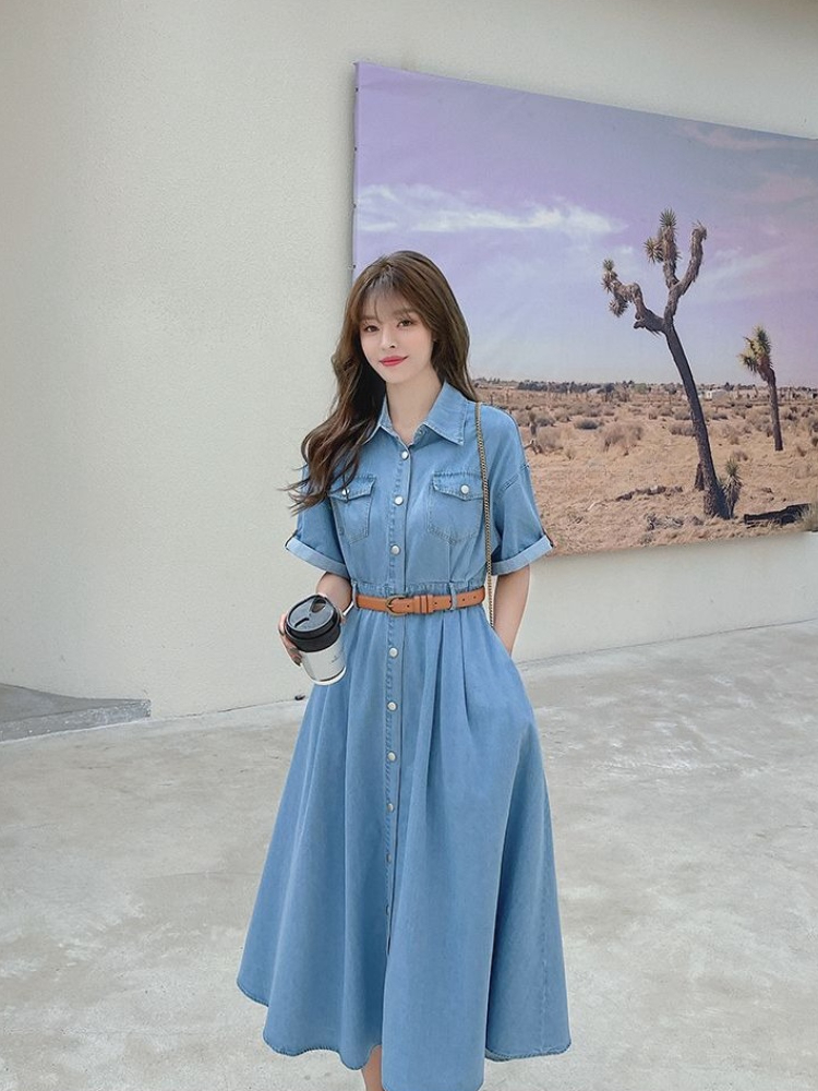 Korean Style A Line Shirt Dress - レディースデニムワンピース 2026夏新作 韓国風 膝丈Aラインシャツワンピース スリムフィット シックで上品な体型を美しく見せる