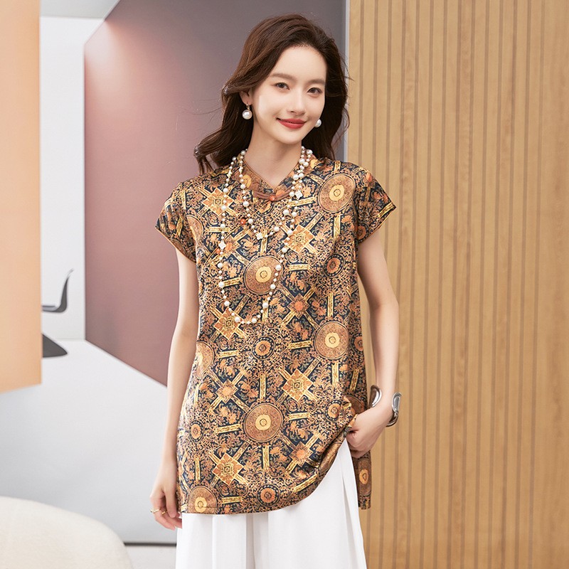 Blouses - 女性用ブラウス半袖ラウンドネックトップマンダリンカラーチュニック幾何学模様プリントルーズフィットミッドレングスゴールドブラウンシャツ