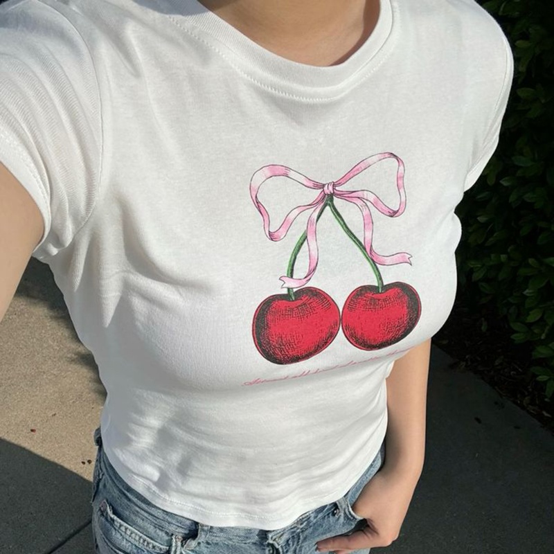 Y2K Graphic Baby Tee Crop - 女性 y2k クロップトップス夏服かわいいチェリーボウプリント Tシャツフルーツグラフィック半袖ベビー Tシャツストリート ﻿