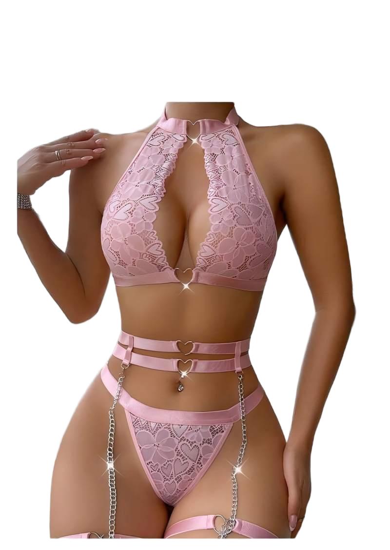 Lingerie - セクシーなランジェリーセット、プッシュアップレースガーターランジェリーセット（チョーカー付き）、女性用インナーウェア、アンダーワイヤーブラとTバック、レディース下着セット