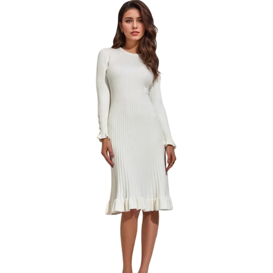 Bodycon Long Sleeve Ribbed Dress - レディース リブニット 長袖 ボディコン ドレス -