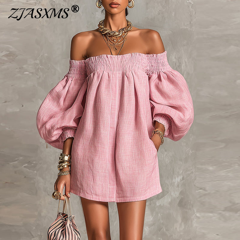 Off Shoulder Puff Sleeve Sundress - 2026 夏新オフショルダーパフスリーブミニドレスレディースソリッドカジュアルルーズ A ラインショートドレスビーチ休暇パーティーサンドレス