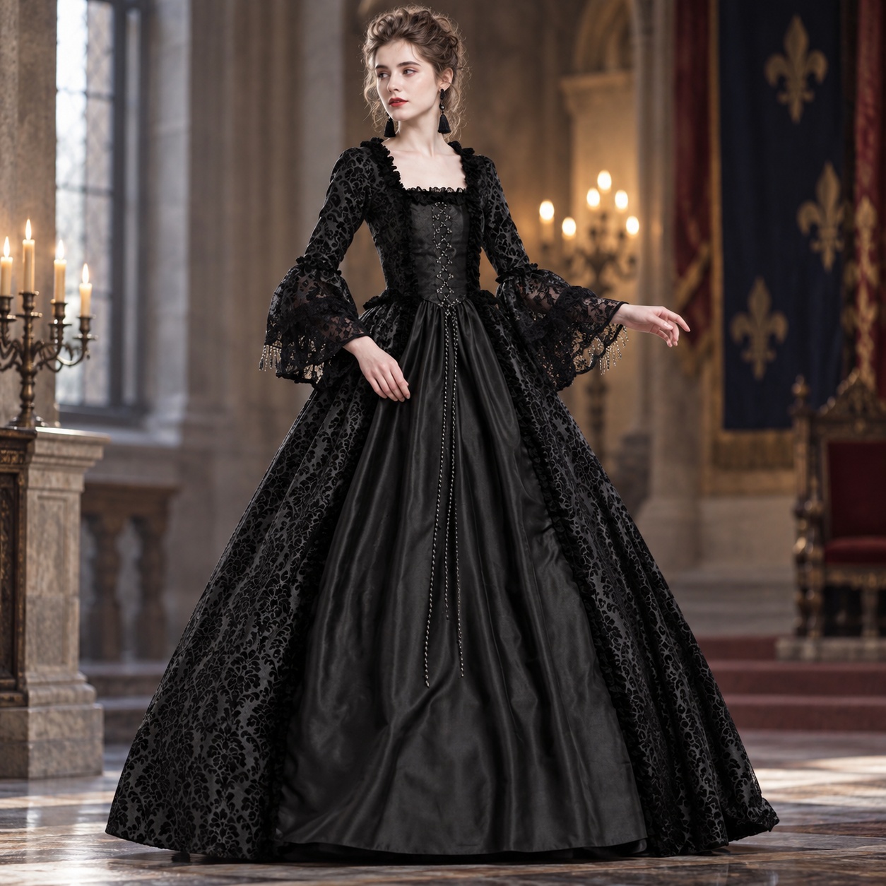 Dresses - パッチワーク柄のフレア袖が特徴のロングドレス。文学的な雰囲気とレトロなスタイルを兼ね備え、ハイウエストで長袖、丈も長く、セクシーなコートスタイルで、中世風の冬の装いに最適。