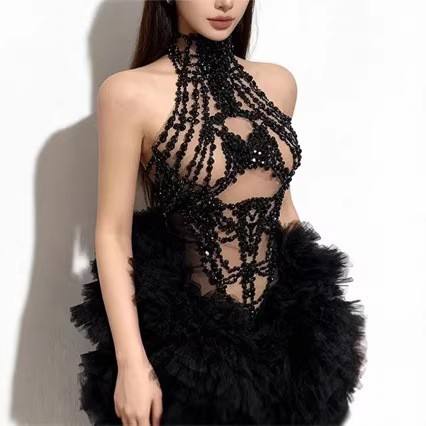 Sparkly Rhinestone Club Party Dress - 女性ミニドレスキラキララインストーンメッシュシースルーノースリーブボディコンセクシーな高級誕生日イブニングパーティーパフォーマンスコスチューム