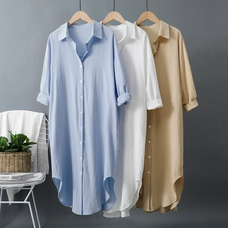Casual Loose Linen Shirt Dress - 新しい綿とリネンの女性のロングシャツドレスホワイトシングルブレストカジュアルルーズ女性ドレス春夏