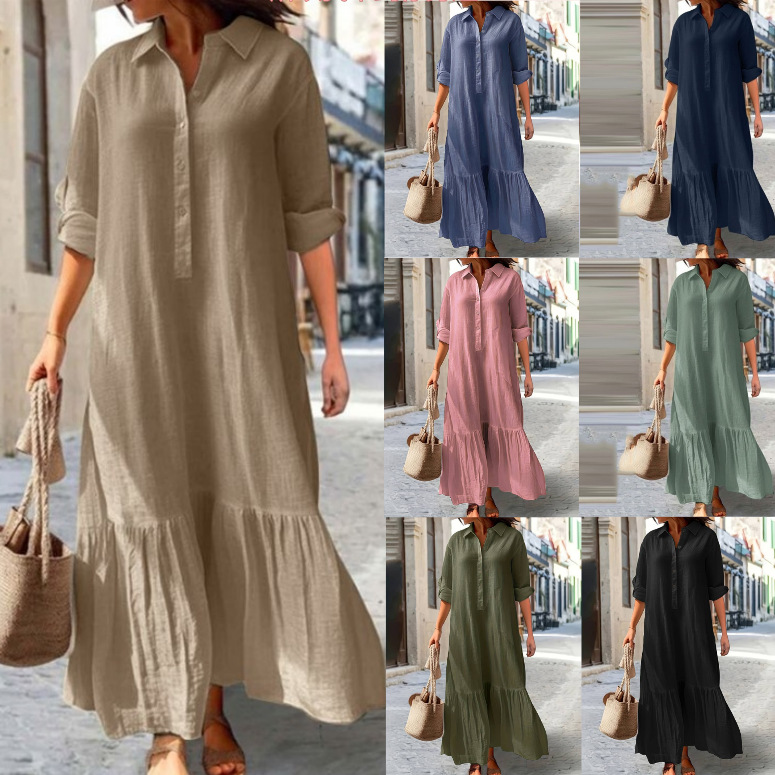Casual Loose Linen Shirt Dress - 2025年 レディース リネンシャツワンピース - アシンメトリーヘム ボタンダウン