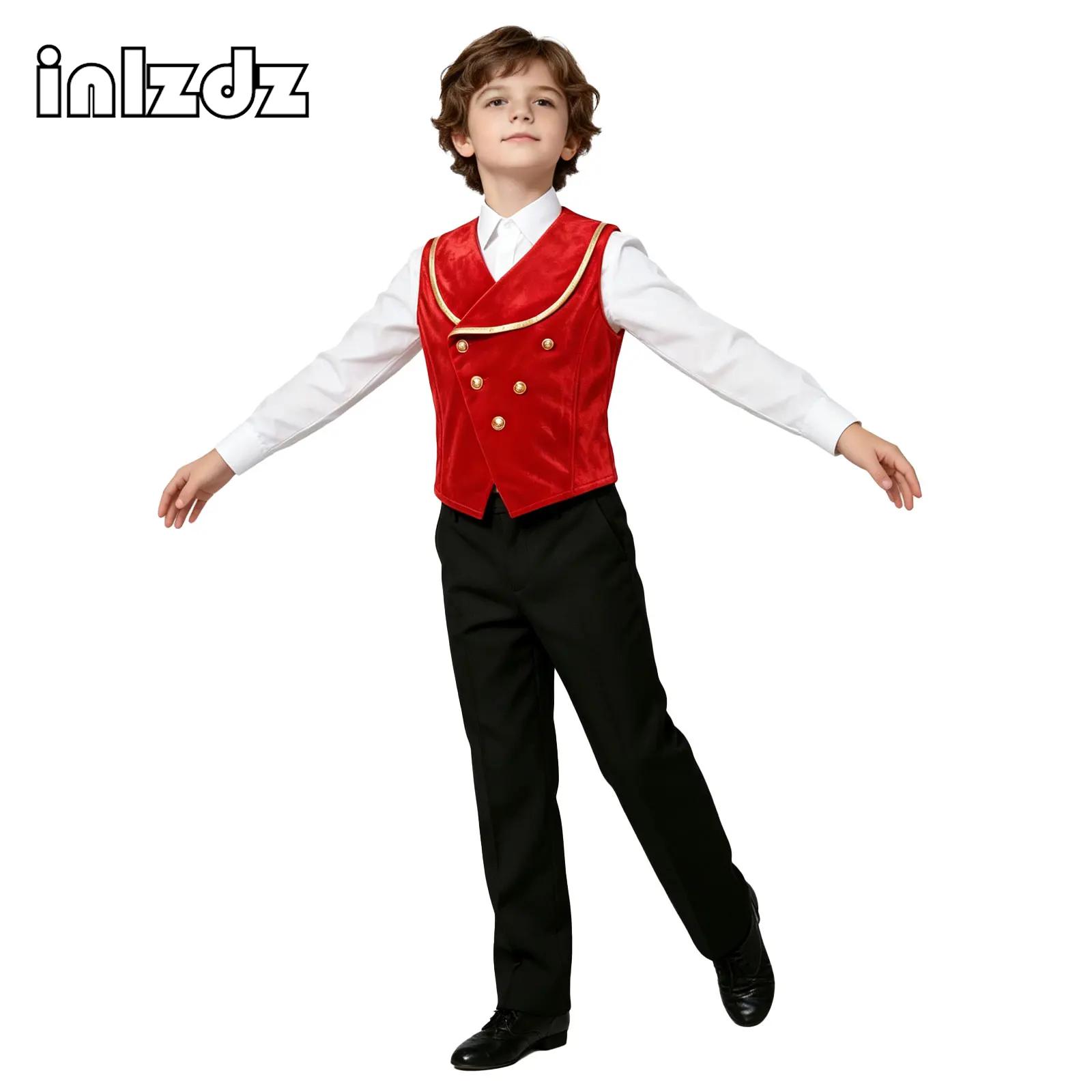 Dresses - 子供用、男の子向け、中世風ベルベットベスト、メタリックカラーの襟、袖なし、ハロウィーンやプリンス風コスチュームパーティーに最適なヴィクトリア朝風のベスト。