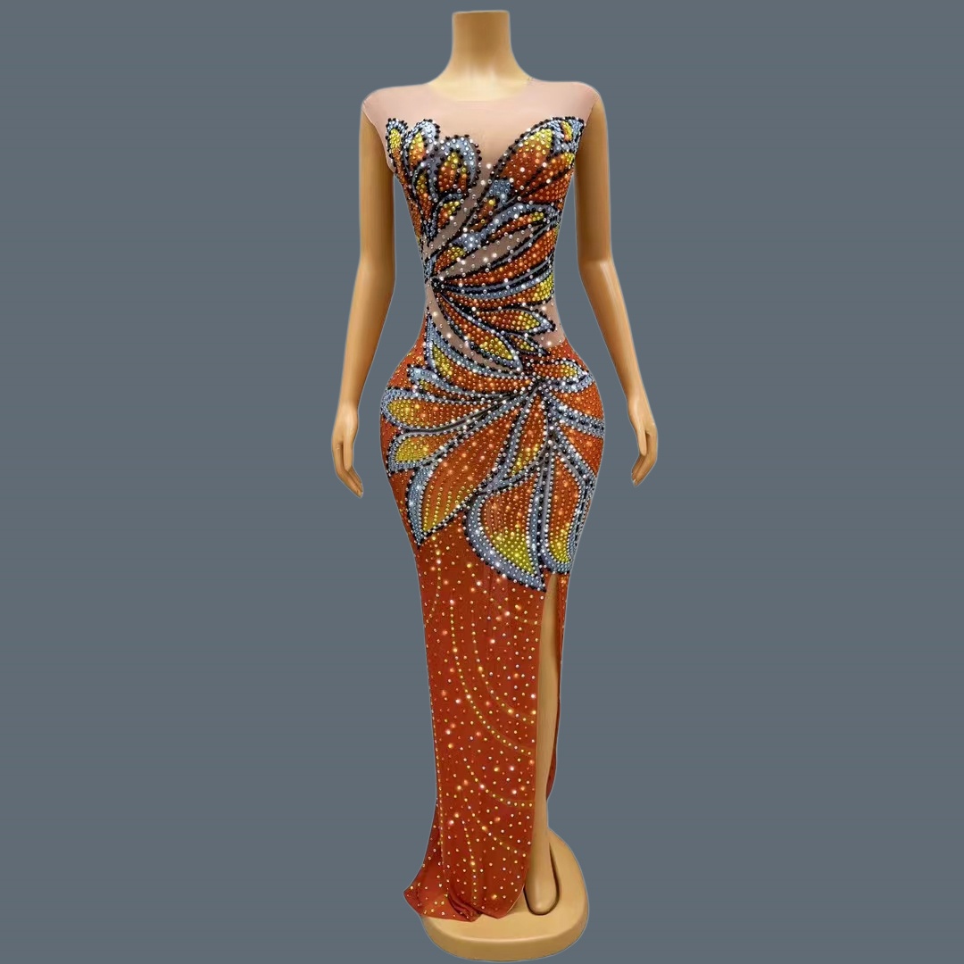 Sparkly Rhinestone Club Party Dress - 女性用ノースリーブメッシュマキシドレス、モナークバタフライ柄、キラキラ光るラインストーン、ハイ スリット、誕生日祝い、パーティー、イブニングドレス、Fengdie