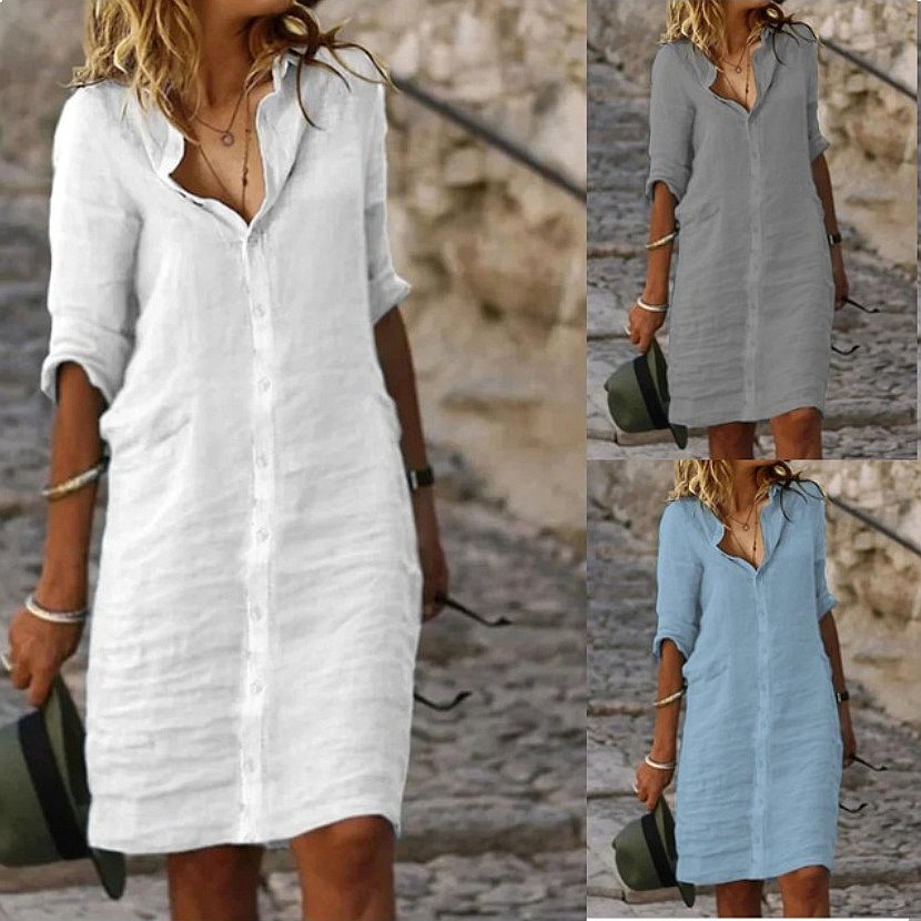 Casual Loose Linen Shirt Dress - ルーズフィット ボタンダウン ミディシャツドレス コットンリネン ブラウス トップス