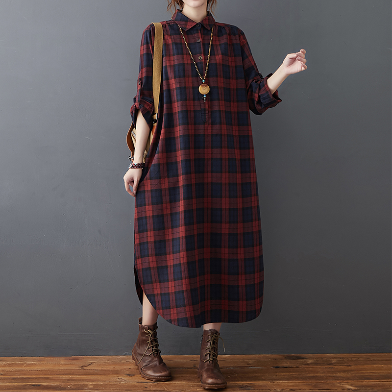 Casual Loose Linen Shirt Dress - コットンリネンドレス レディース 秋新作 ゆったり 大きいサイズ 襟付き