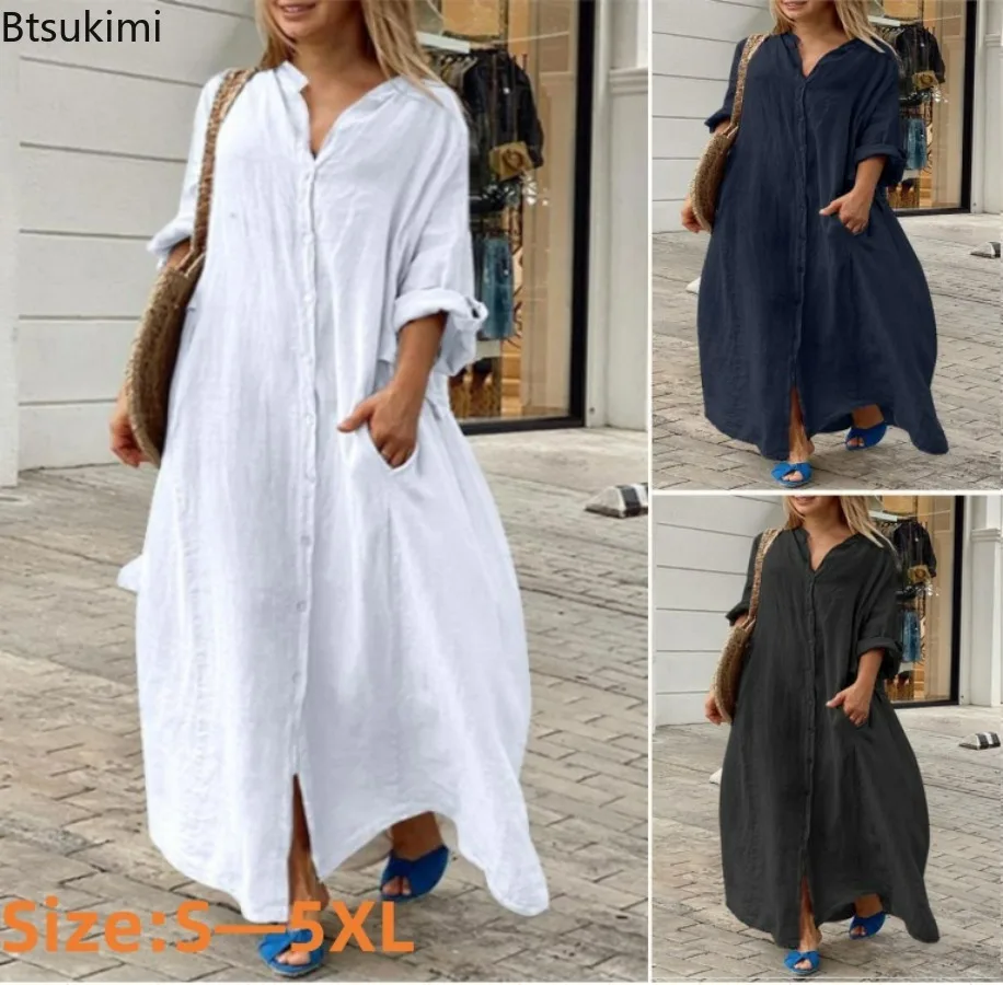 Casual Loose Linen Shirt Dress - 2026年レディースカジュアルコットンリネンロングワンピース無地長袖オーバーサイズシャツワンピース女性ファッションルーズレディース服ドレス