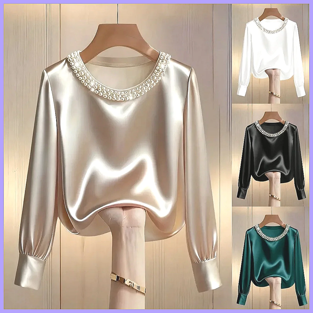 Blouses - エレガントなビーズ付きサテンブラウス、女性用、ゆったりとした長袖シルクシャツトップス