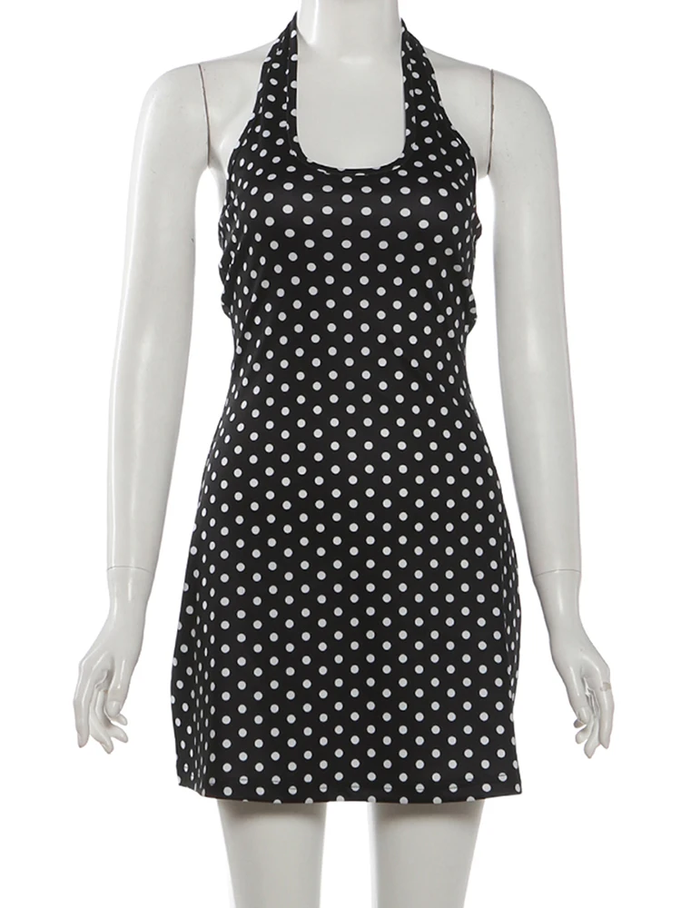 Y2K Backless Halter Mini Dress - FDEY トレンドセクシーなバックレスドレス女性夏のトレンドポルカドットプリントホルターローネックスキニーストレッチストリート Y2K スタイルボディコン