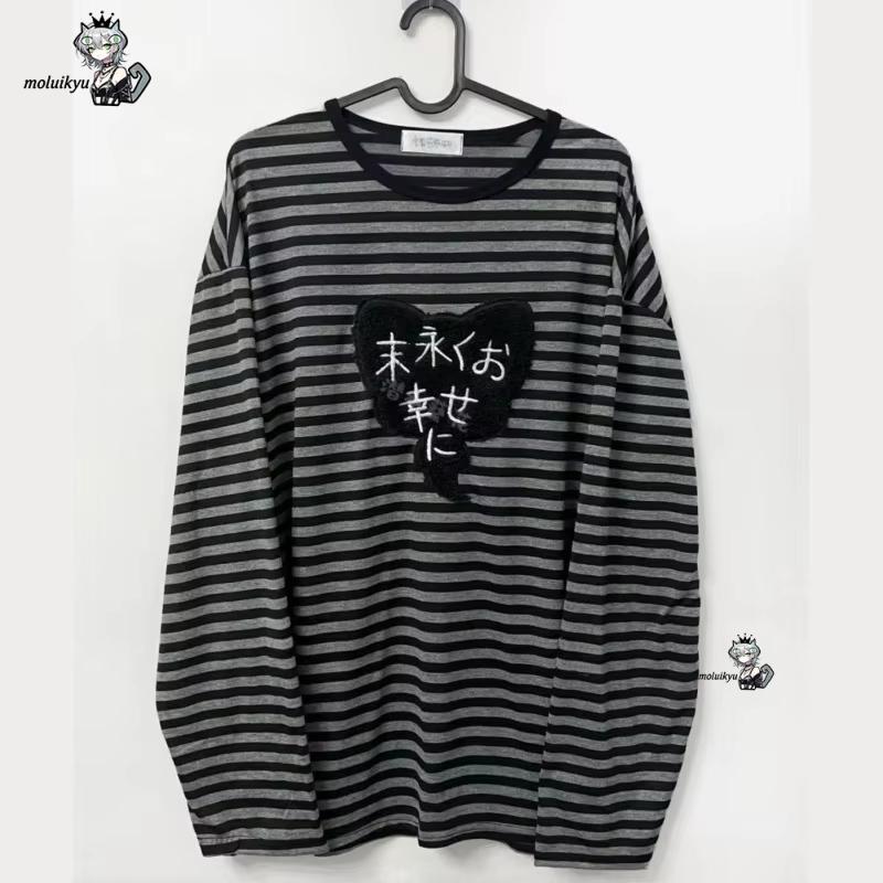 Blouses - Y2K アメリカンパンクヴィンテージ O ネック長袖シャツオールマッチストライプデザイン原宿刺繍トップス美的ハイストリート Tシャツ