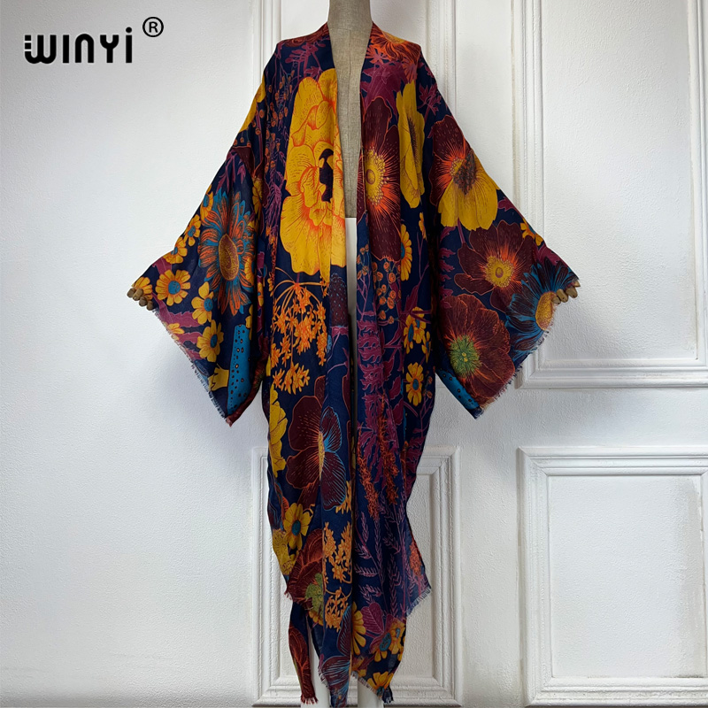 Boho Summer Beach Maxi Dress - WINYI アフリカファッション 夏用着物マキシドレス ビーチカバーアップ カーディガン ボヘミアンセクシーコート