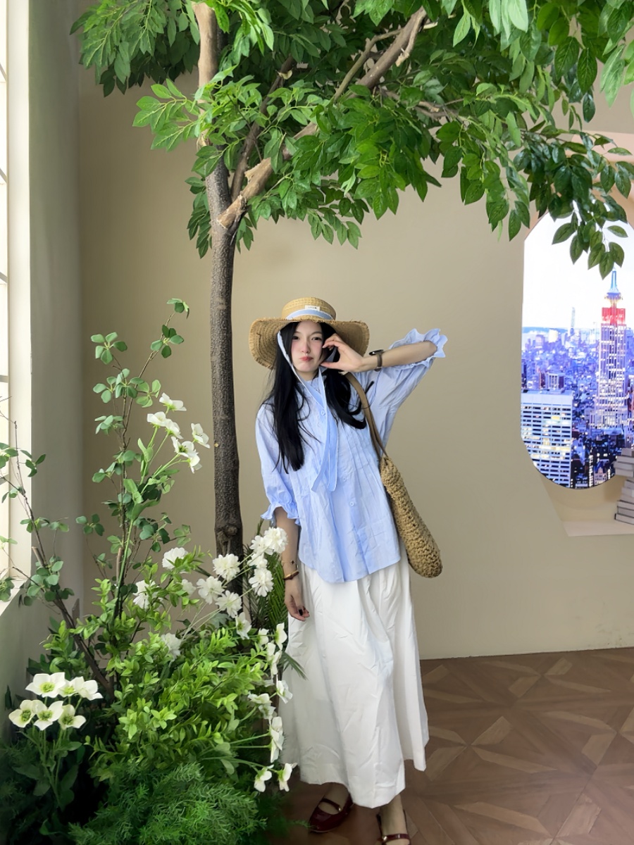 Korean Style A Line Shirt Dress - プラスサイズの女性用ブルーバブルスリーブシャツとハイウエストスカートセット、夏のスリムファッション、韓国スタイル、ラウンドネック、Aラインドレス
