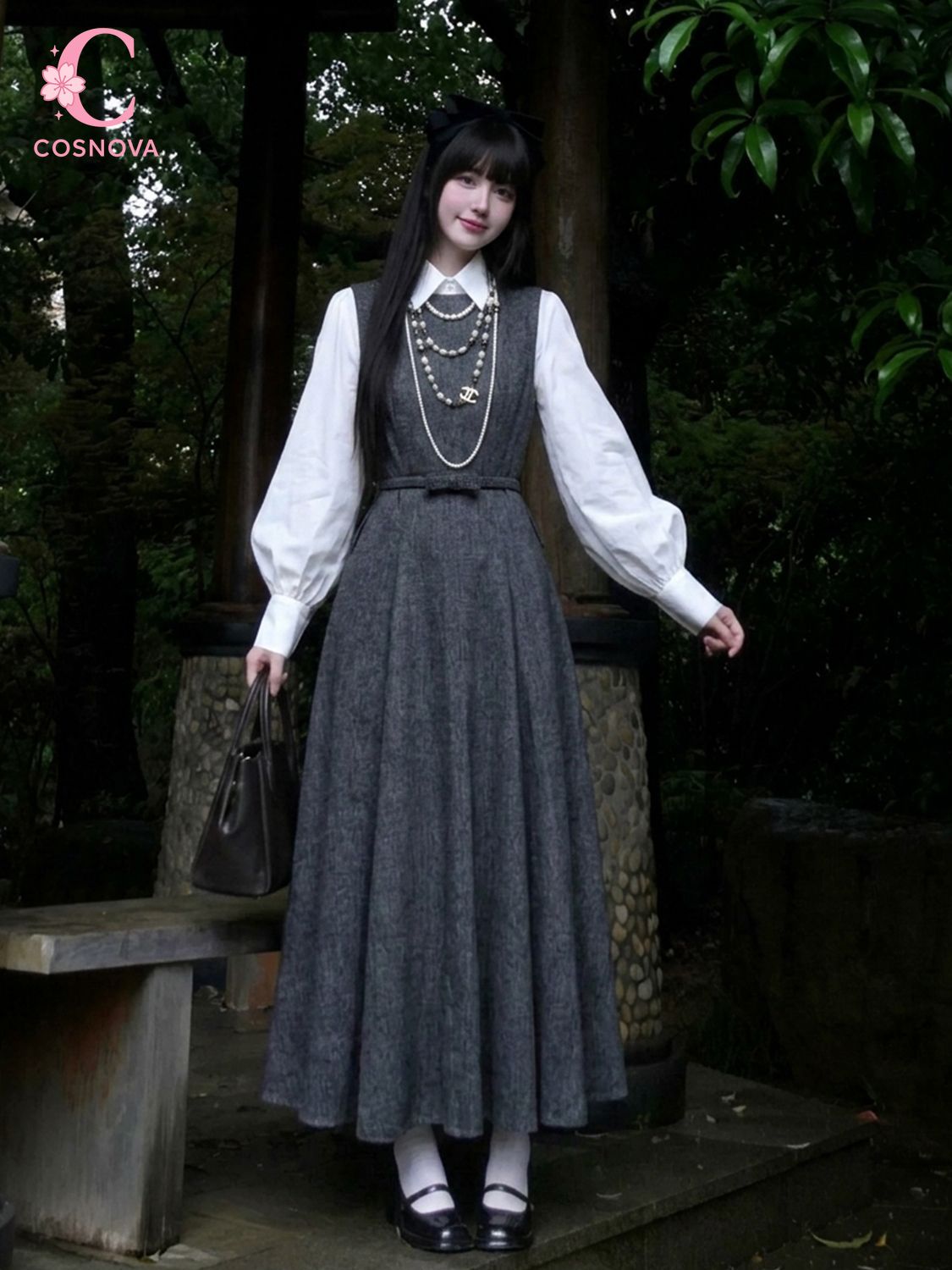 Korean Style A Line Shirt Dress - 韓国風ヘップバーンスタイル2ピースドレスセット レディース ランタンスリーブ ホワイトシャツ ラッフルウエスト スリムフィット