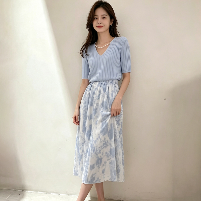 Korean Style A Line Shirt Dress - 2026年夏 優しい半袖VネックTシャツワンピースセット レディース スリムフィット＆スリムシャツトップス プリントスカート ツーピースセット