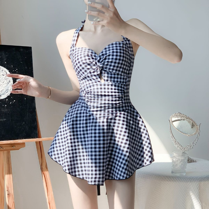 Skirts - 2026年新作 レディース バックレス ワンピース水着 控えめなチェック柄 レースアップ