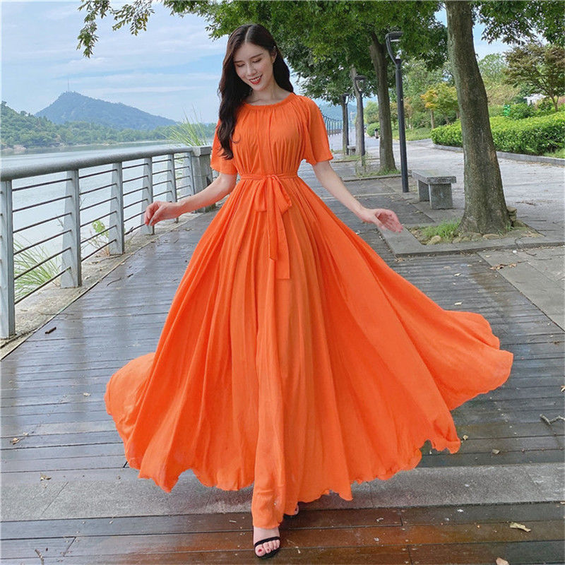 French Vintage Floral Midi Dress - 女性のための大きなボヘミアンスタイルのビーチドレス,シフォン,エクストラロング,リゾート,エレガント,2023