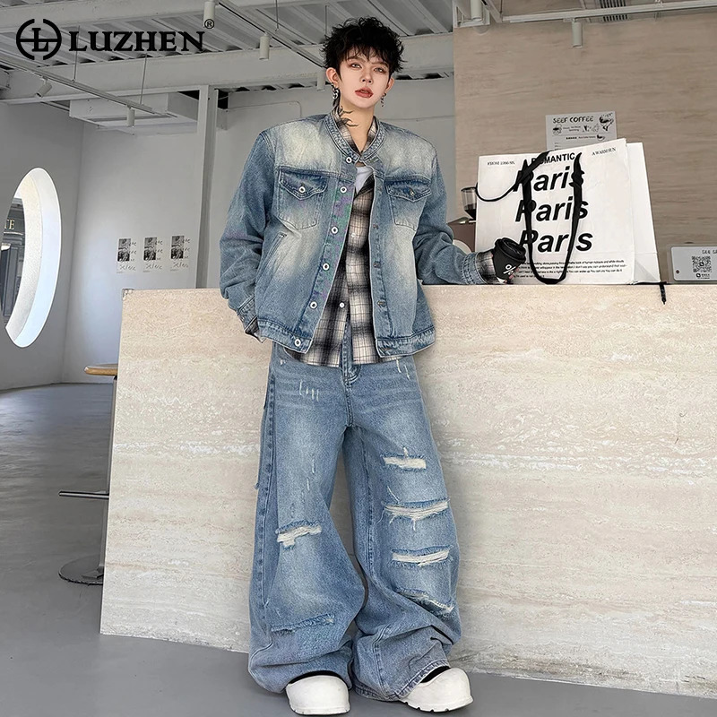 Jeans - LUZHEN 2026 秋 ヴィンテージウォッシュデニム ツーピースセット メンズファッション