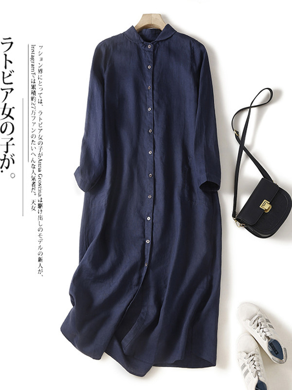 Casual Loose Linen Shirt Dress - カジュアルなコットンリネン素材のゆったりとしたシャツワンピース、スリムな長袖、シングルボタン、スタンドカラー、ミディ丈スカート、通勤、夏のファッションに最適