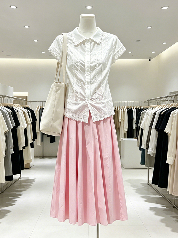 Korean Style A Line Shirt Dress - エレガントなプラスサイズ女性用サマーシャツとAラインスカートセット、ハイウエスト韓国風カジュアルレーススプライス半袖ロングドレス