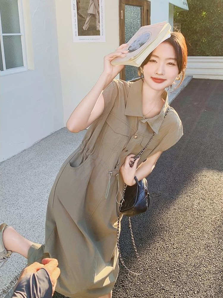 Korean Style A Line Shirt Dress - スリムフィットプラスサイズ韓国風通勤シャツワンピース レディース 300ポンド 夏 エレガント カジュアル