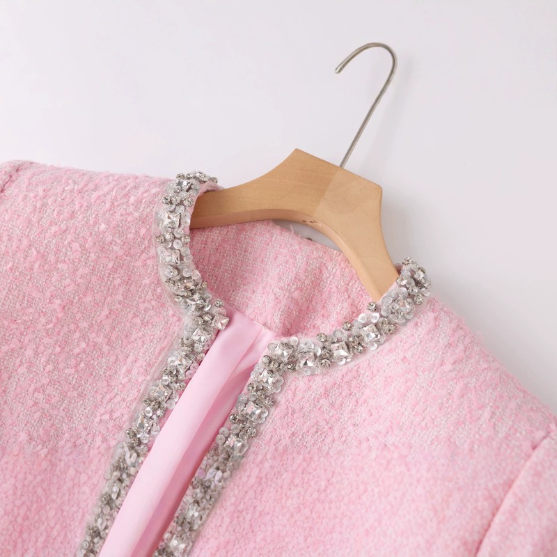 Tweed Two Piece Blazer Dress - プレミアムピンクツイード レディース ツーピースセット、ビーズ付きブレザー＆ノースリーブドレス