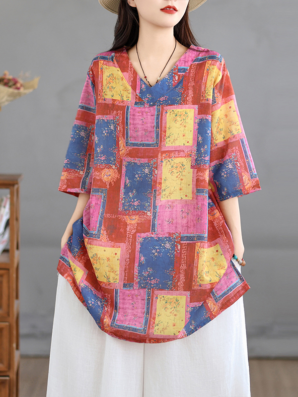 Casual Loose Linen Shirt Dress - カジュアルなリネンプリントトップス ヴィンテージ風ルーズVネック ミドル丈アーティスティックシャツドレス 2026年夏 レディースカジュアルスタイルファッショントレンド
