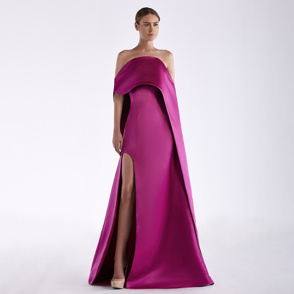 Elegant Satin Evening Gown Split - 女性のためのストラップレスサテンイブニングドレス,エレガントなドレス,裸の肩,サイドスリット,長いフォーマルなイブニングドレス,フクシア,2024