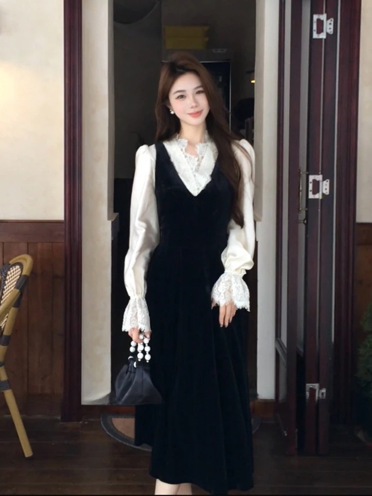 Korean Style A Line Shirt Dress - XZY シックなレースパッチワークシルクシャツ女性の初秋ベルベットドレスセット韓国スタイル A ラインドレス長袖ラウンドネック