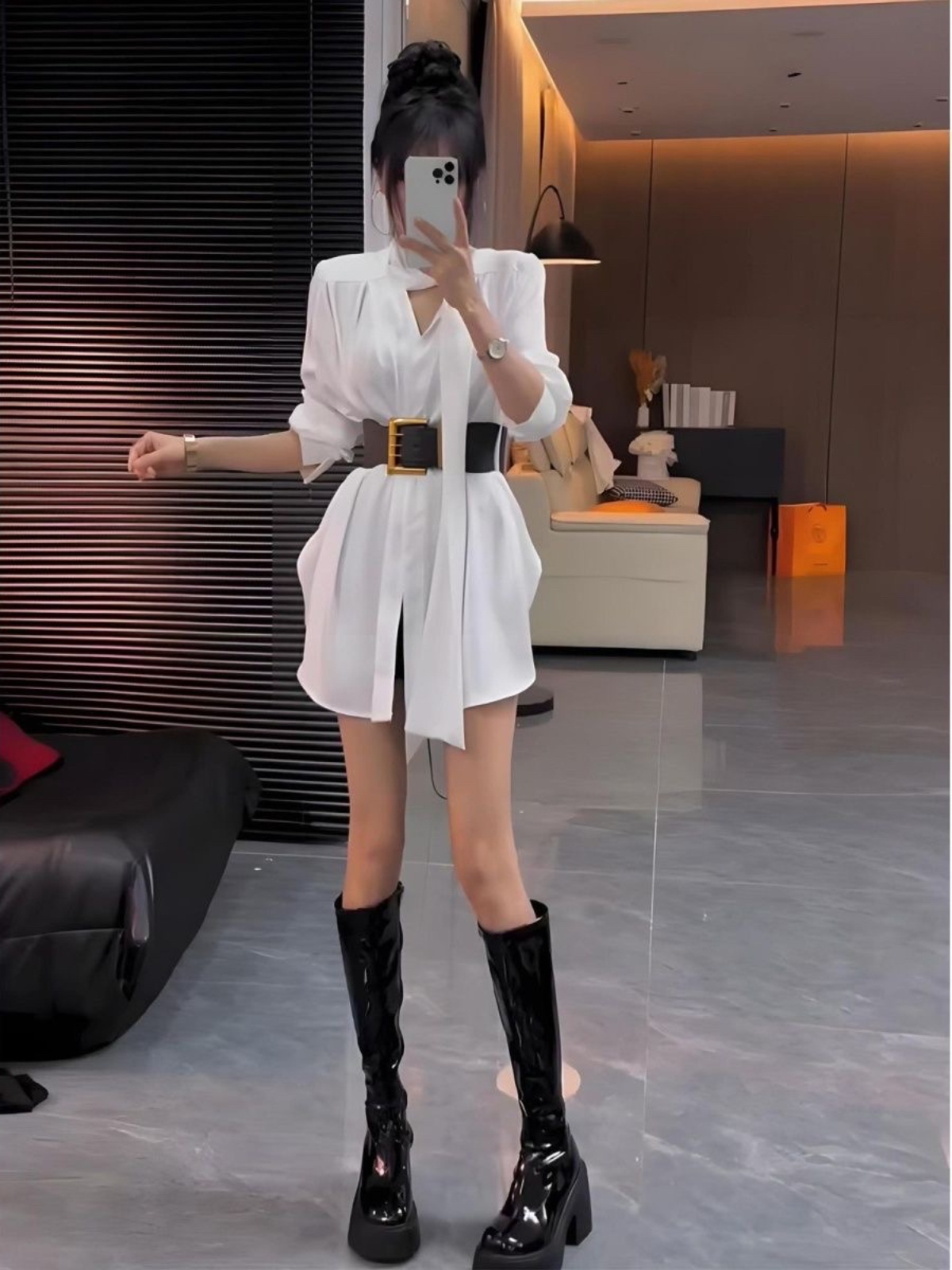 Korean Style A Line Shirt Dress - ホワイトシルクシャツドレス女性の秋ハイウエストAラインショートスカート長袖韓国スタイル通勤ファッションルーズフィットドレス