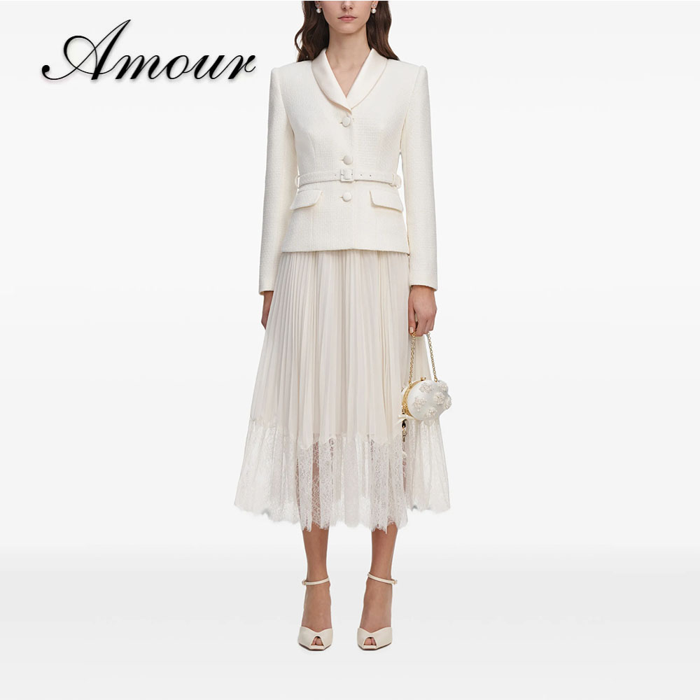 Tweed Two Piece Blazer Dress - アムール カスタムメイド ツーピースフォーマルスーツセット ラペルツイードブレザー ベルト付き プリーツレース裾