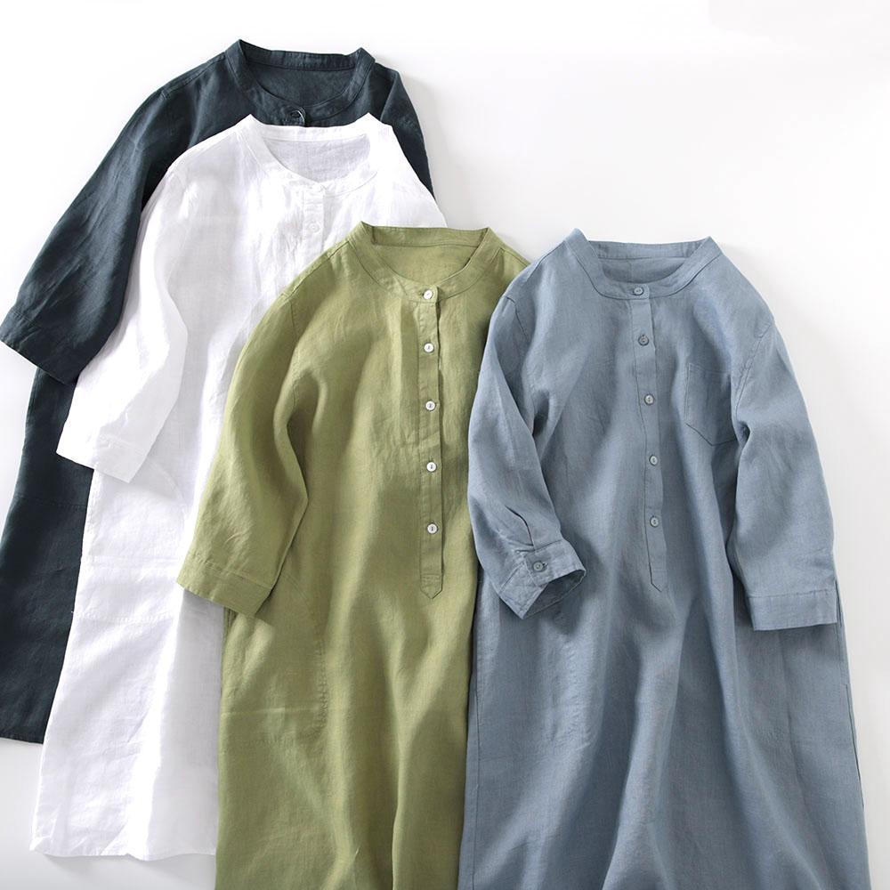 Casual Loose Linen Shirt Dress - アウトレット 日本風 リネンシャツワンピース レディース カジュアル エイジングケア
