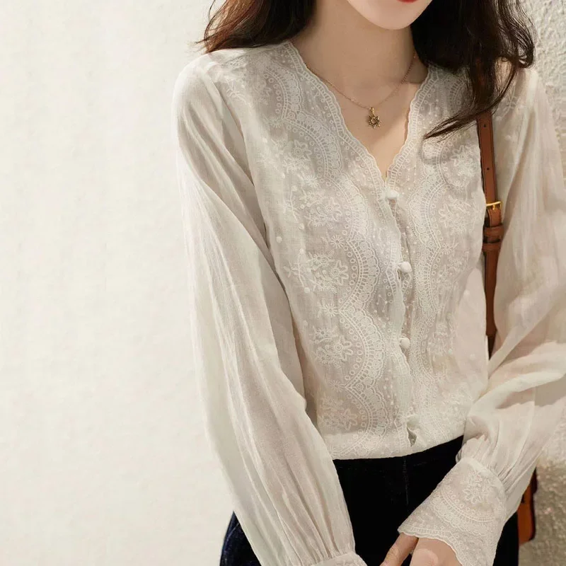 Casual Loose Linen Shirt Dress - GELITAYIN V ネック長袖リネンブラウス秋ルーズトップスフレンチスタイル刺繍フラワーレース女性のシャツ甘い Blusas Elega