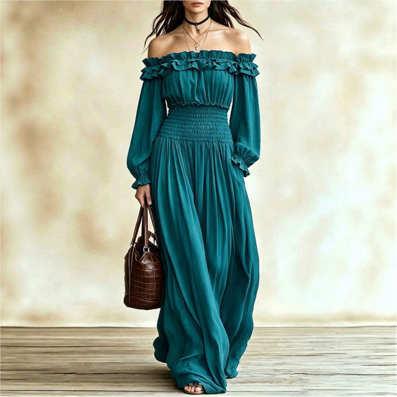 Off Shoulder Puff Sleeve Sundress - オフショルダーファッションマキシドレス レディース 秋 ラッフルネック ランタンスリーブ ハイウエスト