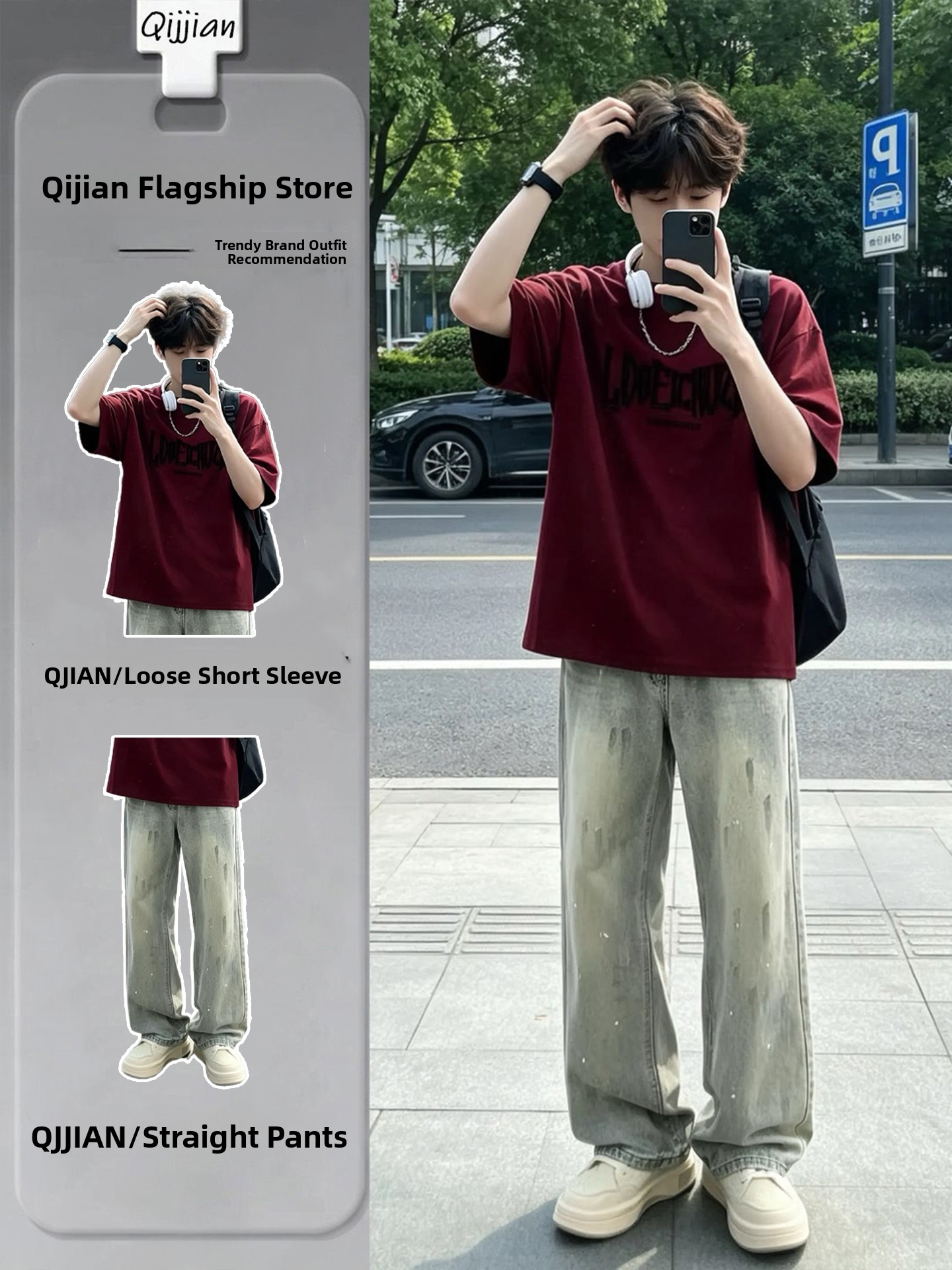 Jeans - クールなメンズサマーアウトフィットセット 薄手ラウンドネック半袖 ウォーターウォッシュグラデーションジーンズ ツーピースカジュアルスポーツウェアアンサンブル