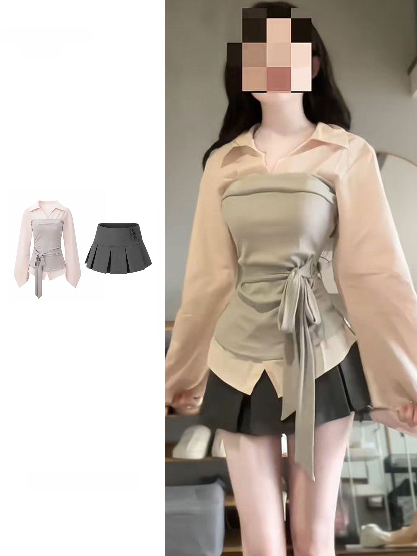 Korean Style A Line Shirt Dress - レディースプラスサイズ韓国風パッチワークカラーブロックシャツとスカートセットハイウエストプリーツAラインミディ丈ワンピース春の新作デザイン