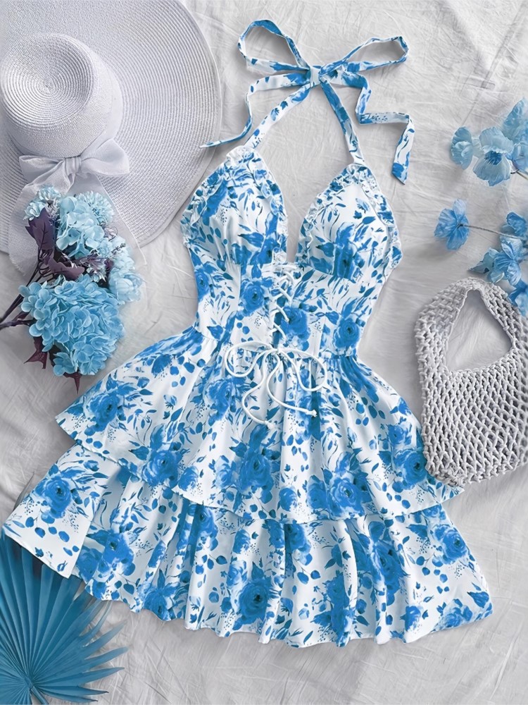 French Vintage Floral Midi Dress - 女性用バケーションスタイルレトロショートドレス ファッション水彩ローズプリント ホルターネック レースアップ フリル装飾ドレス 2026