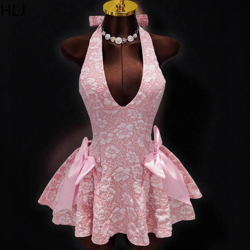 Y2K Backless Halter Mini Dress - HLJ Y2K セクシーなジャカードパッチワークボディコンドレス女性ホルターディープ V ネックバックレスドレス女性パーティークラブウェア Vestidos