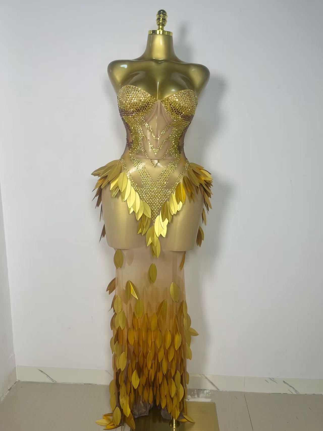 Sparkly Rhinestone Club Party Dress - キラキラ輝くゴールドのラインストーンとスパンコールのイブニングパーティードレス、豪華なナイトクラブ、誕生日、プロム用ドレス、セクシーなストラップレスメッシュマキシロングドレス