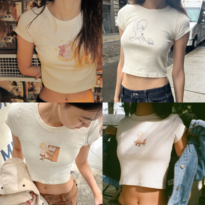 Y2K Graphic Baby Tee Crop - 女性用半袖ラウンドネックTシャツ,サマースタイル,コットン,漫画柄