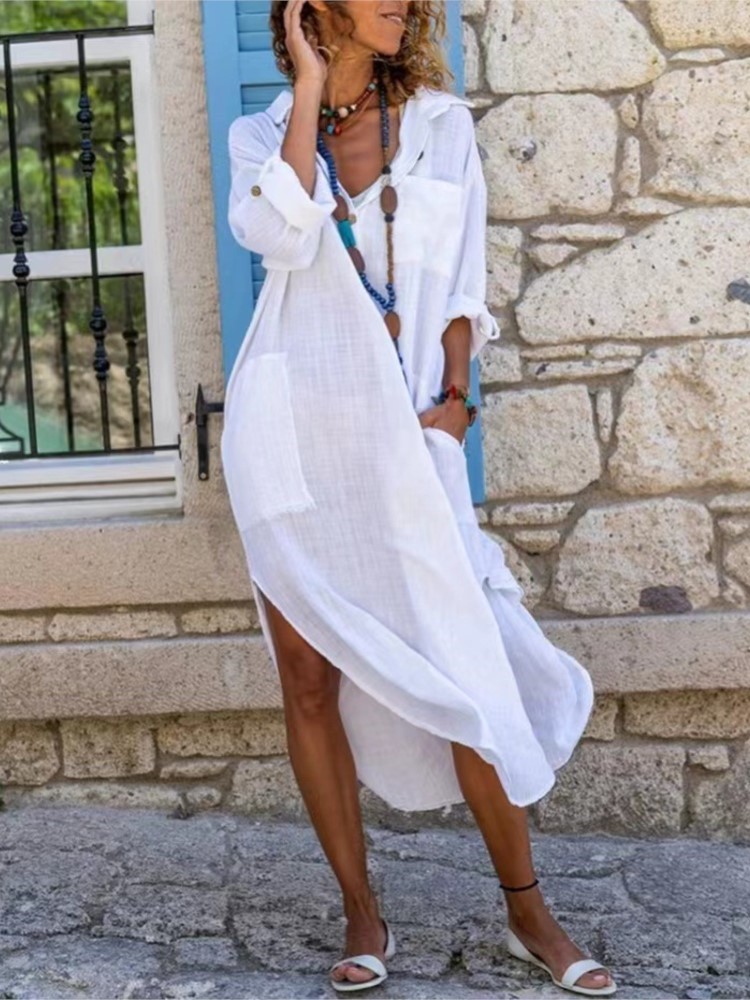 Casual Loose Linen Shirt Dress - 女性用長袖コットンとリネンのドレス,白いシャツ,単色,ボタンスリット,ルーズフィット,カジュアル,2025