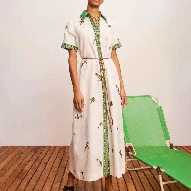 Casual Loose Linen Shirt Dress - 2026年秋新作オリジナルレディースリネン花柄プリントマキシシャツドレス半袖カジュアル万能ロングデイリーアウトフィット